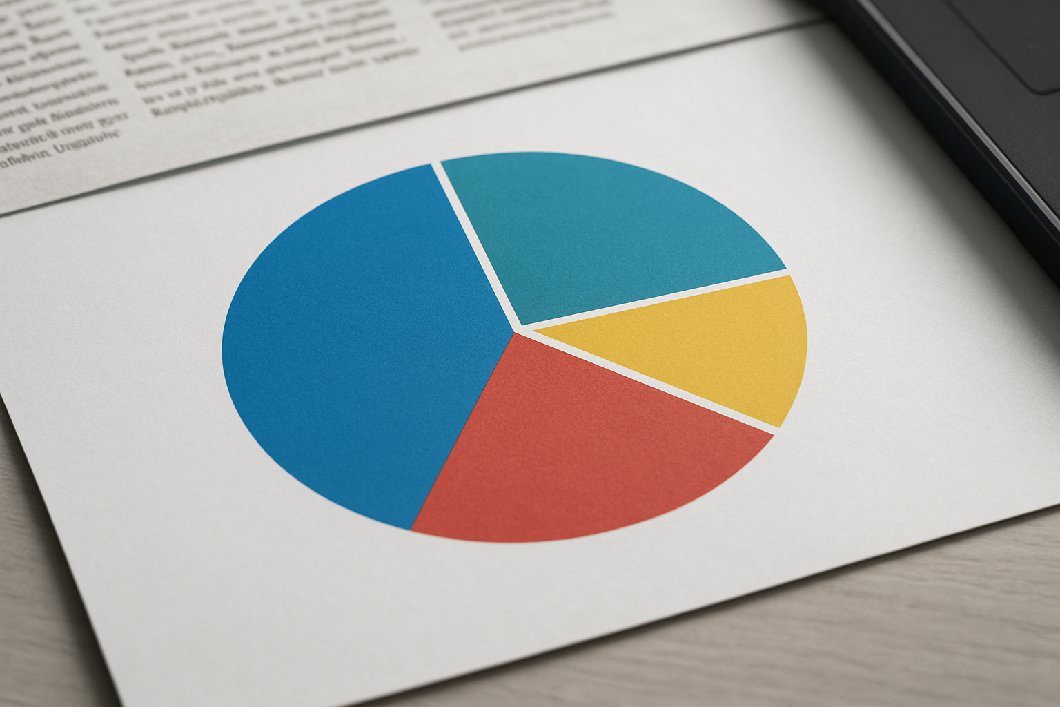 Colorful pie chart on a table with a blurred newspaper and laptop background